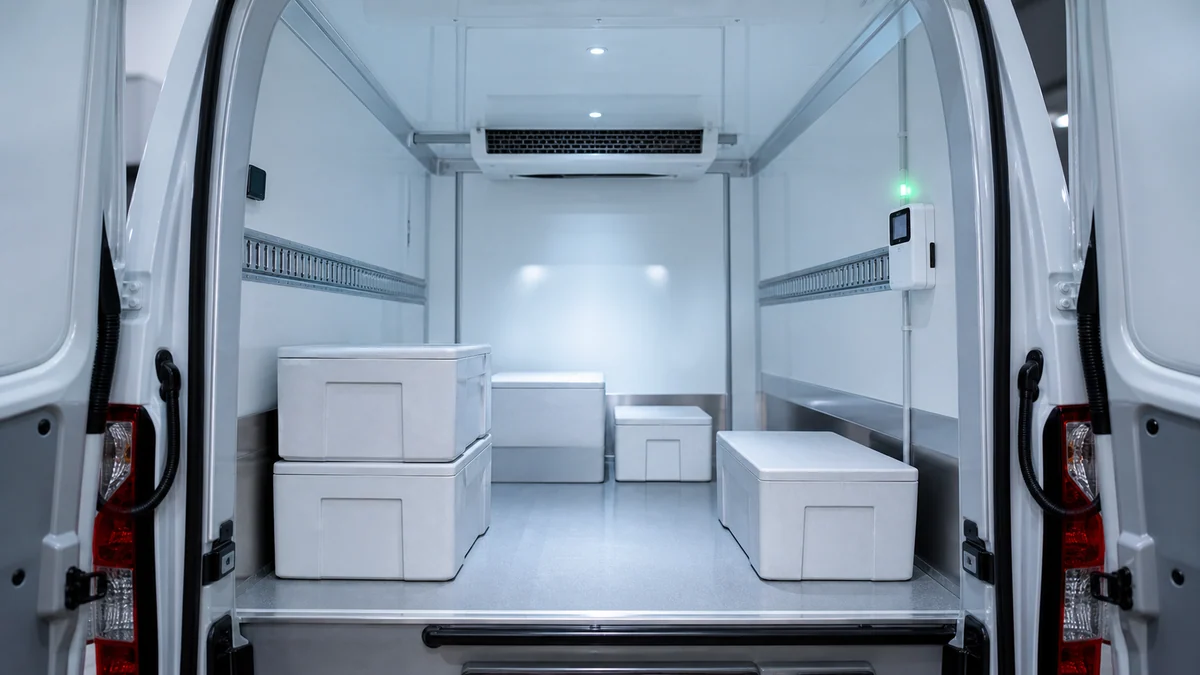 Vano refrigerato pulito con contenitori farmaceutici e registratore di temperatura