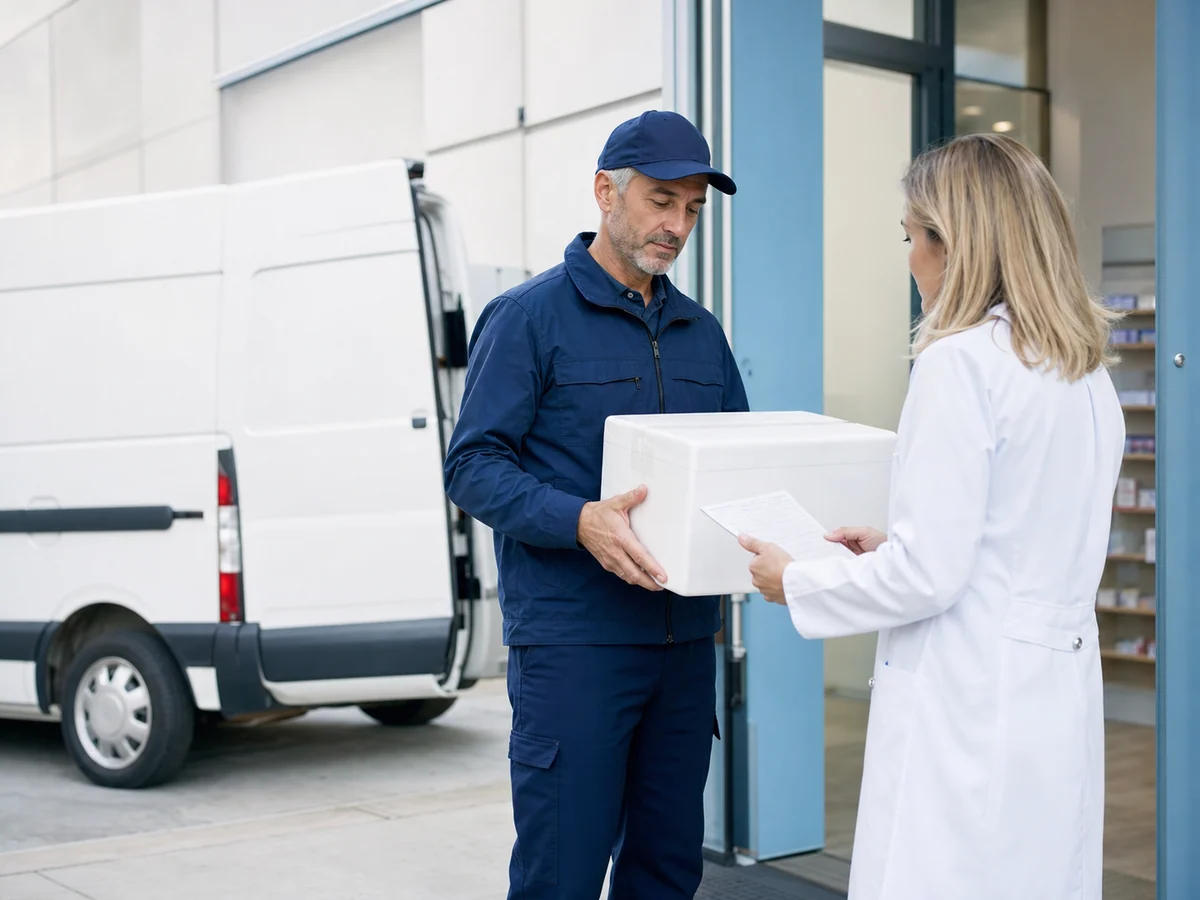 Operatore logistico che consegna una spedizione farmaceutica a una professionista